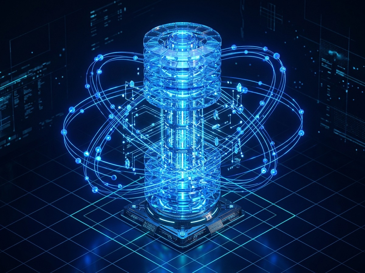 Glowing blue data tower with orbiting platform nodes